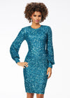 Front - Peacock ASHLEYlauren 4496 elegant fully sequin gown featuring a crew neckline, bishop sleeves, fitted tea-length skirt, and full zipper back for a sophisticated and timeless look.