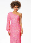 Front - Pink ASHLEYlauren 11194 stunning sequin gown featuring a one shoulder neckline, elegant bishop sleeve, fitted column skirt, and back vent for a sleek and sophisticated look.