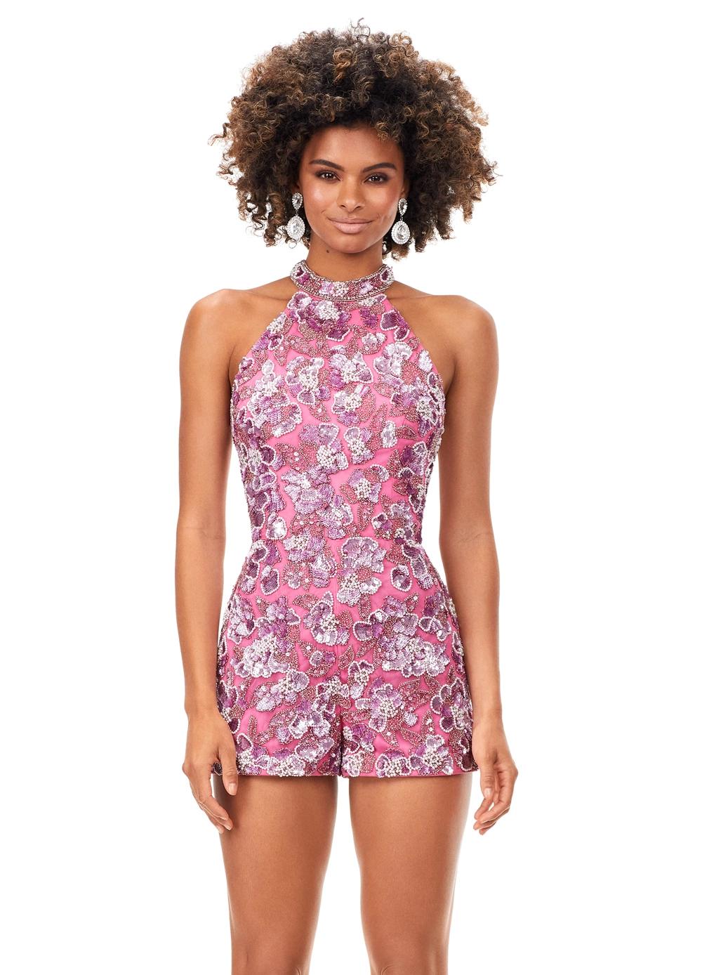 Front - Pink ASHLEYlauren 13354 hand-beaded romper featuring an intricate floral motif, halter neckline, beaded belt, and a detachable chiffon overskirt for a glamorous and versatile look.