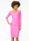 Front - Pink ASHLEYlauren 4514 elegant off shoulder scuba gown featuring long sleeves, a tea-length fitted skirt, high back with exposed zipper, and back center vent for a sophisticated and timeless look.
