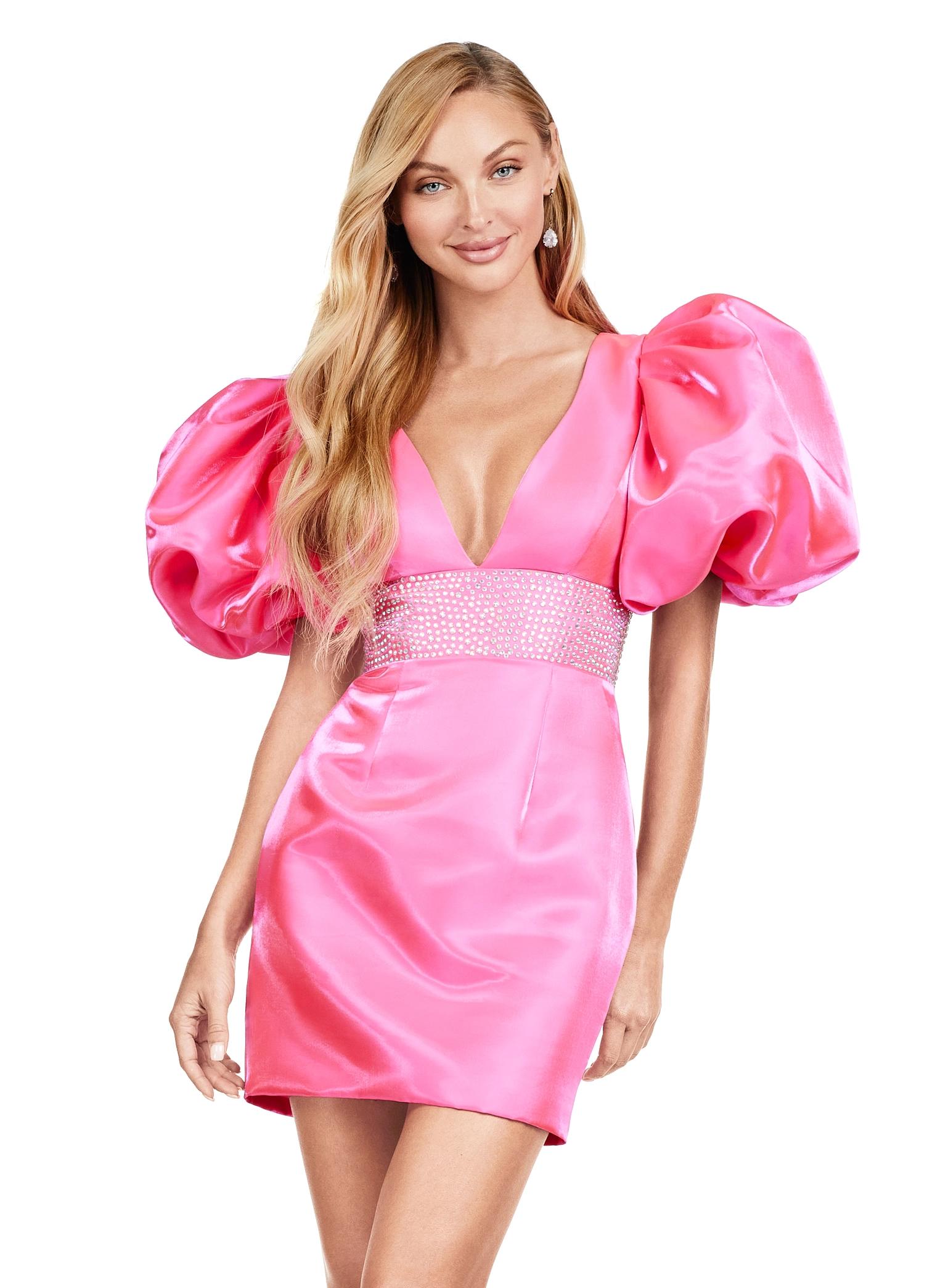Front - Pink ASHLEYlauren 4549 cocktail dress featuring a V-neckline, oversized puff sleeves, heat set stone-embellished waistband, fitted skirt, and center lace-up back for a bold and glamorous look.