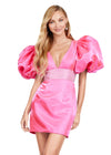 Front - Pink ASHLEYlauren 4549 cocktail dress featuring a V-neckline, oversized puff sleeves, heat set stone-embellished waistband, fitted skirt, and center lace-up back for a bold and glamorous look.