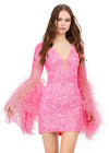 Front - Pink ASHLEYlauren 4603 fully beaded cocktail dress featuring a V-neckline, feather-adorned flare sleeves, full back, and fitted skirt for a bold and glamorous statement look.