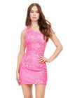 Front - Pink ASHLEYlauren 4612 fully sequin cocktail dress featuring a one shoulder neckline with feather details, an intricately beaded bustier, and a fitted skirt for a bold and glamorous look.