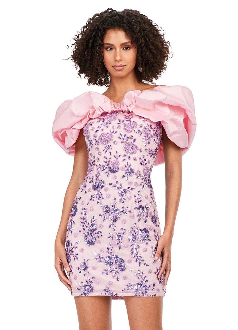 Front - Pink ASHLEYlauren 4613 fully beaded cocktail dress featuring an off shoulder neckline with oversized taffeta ruffle detail and a fitted skirt for a bold and fun statement look.