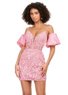 Front - Pink ASHLEYlauren 4614 fully beaded cocktail dress featuring a strapless corset bustier, intricate beadwork, and dramatic taffeta puff sleeves for an elegant and standout look.