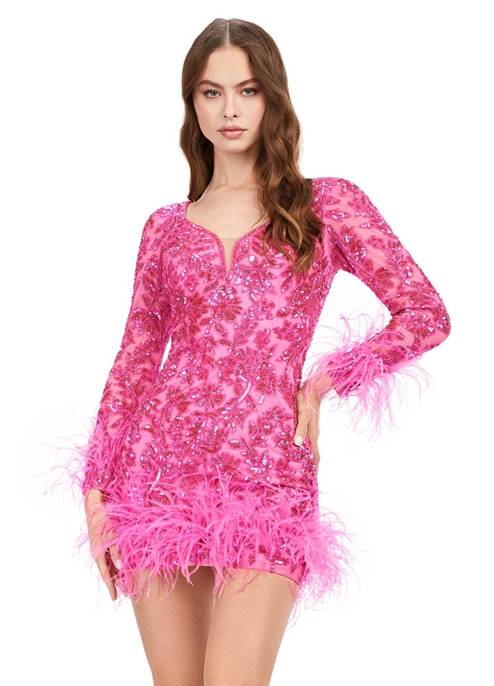 Front - Pink ASHLEYlauren 4616 fully sequin cocktail dress featuring a V-neckline, open back, fitted skirt, and feather details along the skirt and sleeves for a luxurious and dramatic look.