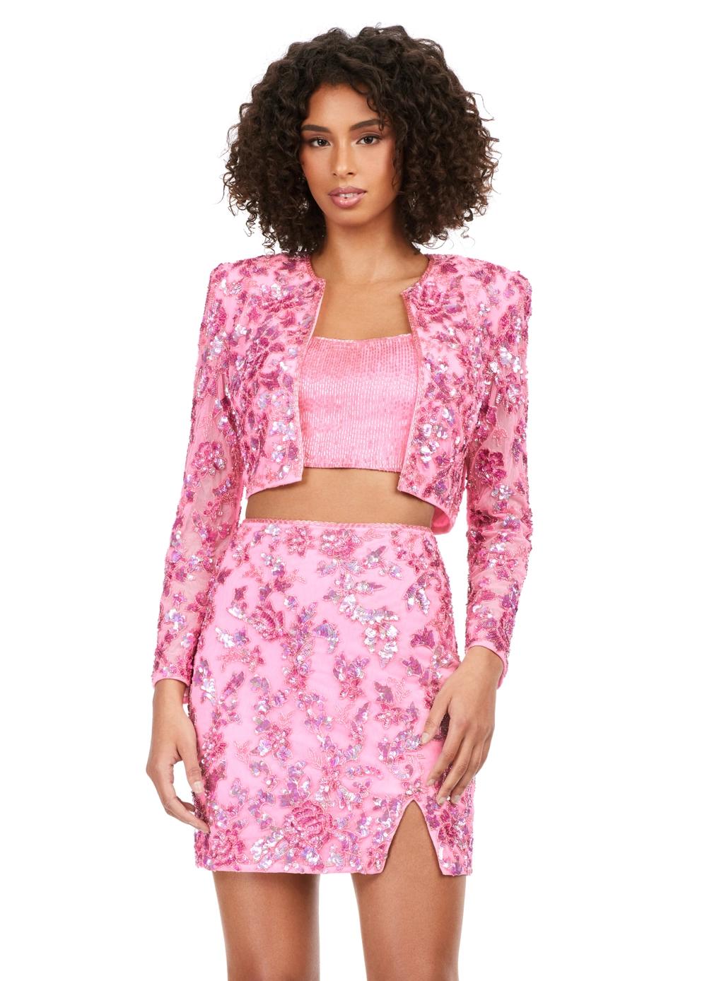Front - Pink ASHLEYlauren 4618 three piece set featuring a fully liquid beaded crop top, intricately beaded jacket, and a fitted skirt with a slit for a bold and fashionable statement look.