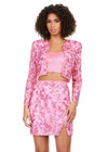 Front - Pink ASHLEYlauren 4618 three piece set featuring a fully liquid beaded crop top, intricately beaded jacket, and a fitted skirt with a slit for a bold and fashionable statement look.