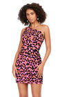 Front - Pink ASHLEYlauren 4630 fully beaded cocktail dress featuring a one shoulder neckline, hand-beaded cheetah design, fitted skirt, and lace-up back for a bold and standout look.