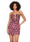 Front - Pink ASHLEYlauren 4631 fully beaded cocktail dress featuring a cheetah print design, beaded spaghetti straps, corset bustier, and fitted skirt for a fun and flirty statement look.