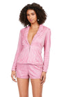 Front - Pink ASHLEYlauren 4632 fully liquid beaded two-piece romper featuring a V-neckline, crystal and chunky stone-embellished lapel, and a bold, statement-making design perfect for any glamorous event.