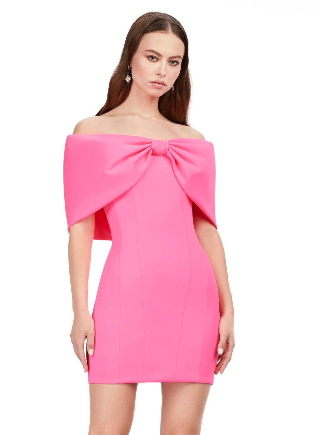 Front - Pink ASHLEYlauren 4640 off shoulder scuba cocktail dress featuring oversized bow details, off shoulder straps, and a fitted skirt for a chic and elegant look.