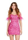 Front - Pink ASHLEYlauren 4651 fully beaded sequin cocktail dress featuring a sweetheart neckline, lace-up back, and fun feathered off shoulder sleeves for a bold and glamorous look.