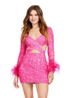 Front - Pink ASHLEYlauren 4653 fully beaded cocktail dress featuring a V-neckline, long sleeves trimmed with feathers, bold cutouts, and a fitted skirt for a fun and flirty statement look.