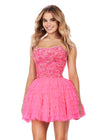 Front - Pink ASHLEYlauren 4671 strapless cocktail dress featuring a fully beaded bustier, A-line silhouette, and a dramatic tulle ruffled skirt for a fun and glamorous look.