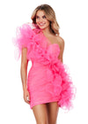 Front - Pink ASHLEYlauren 4672 fitted organza cocktail dress featuring an oversized asymmetrical one shoulder ruffle cascading onto the skirt and an asymmetrical hem for a bold and elegant statement look.