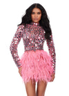 Front - Pink ASHLEYlauren 4673 fitted cocktail dress featuring long sleeves, intricate mirror beadwork, an open back, and a feathered skirt for a show-stopping and glamorous look.