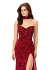 Front - Red ASHLEYlauren 11351 Strapless Beaded Gown with Crystal Choker, Chiffon Cape, and Slit