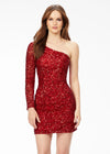 Front - Red ASHLEYlauren 4457 fully hand-beaded cocktail dress featuring a one shoulder sleeve and a fitted skirt for a sleek and glamorous silhouette.