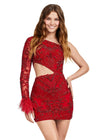 Front - Red ASHLEYlauren 4565 fully beaded cocktail dress featuring a one sleeve design, modern waist cut-out, and feather accents at the wrist for a bold and glamorous look.