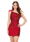 Front - Red ASHLEYlauren 4612 fully sequin cocktail dress featuring a one shoulder neckline with feather details, an intricately beaded bustier, and a fitted skirt for a bold and glamorous look.