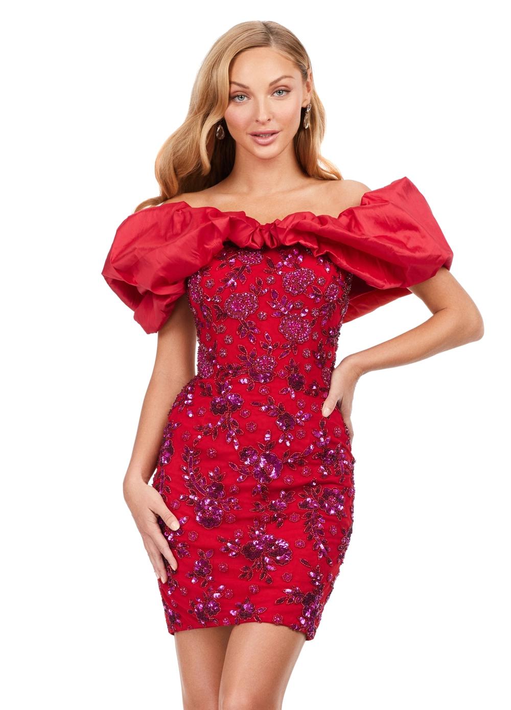 Front - Red ASHLEYlauren 4613 fully beaded cocktail dress featuring an off shoulder neckline with oversized taffeta ruffle detail and a fitted skirt for a bold and fun statement look.