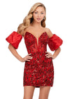 Front - Red ASHLEYlauren 4614 fully beaded cocktail dress featuring a strapless corset bustier, intricate beadwork, and dramatic taffeta puff sleeves for an elegant and standout look.
