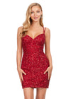 Front - Red ASHLEYlauren 4625 fully beaded sequin cocktail dress featuring a sweetheart neckline, double spaghetti straps, fitted silhouette, and lace-up back for a glamorous and elegant look.