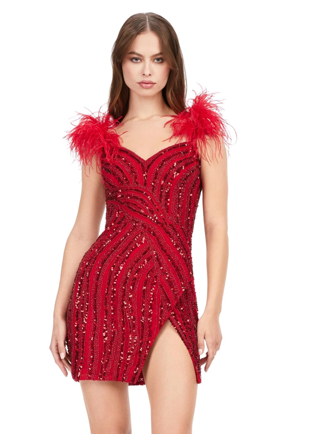 Front - Red ASHLEYlauren 4626 fully beaded cocktail dress featuring a sweetheart neckline, feather-detailed straps, intricate beadwork, and a wrap skirt for a bold and show-stopping look.