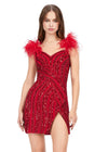 Front - Red ASHLEYlauren 4626 fully beaded cocktail dress featuring a sweetheart neckline, feather-detailed straps, intricate beadwork, and a wrap skirt for a bold and show-stopping look.