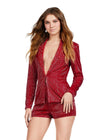 Front - Red ASHLEYlauren 4632 fully liquid beaded two-piece romper featuring a V-neckline, crystal and chunky stone-embellished lapel, and a bold, statement-making design perfect for any glamorous event.