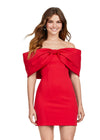 Front - Red ASHLEYlauren 4640 off shoulder scuba cocktail dress featuring oversized bow details, off shoulder straps, and a fitted skirt for a chic and elegant look.