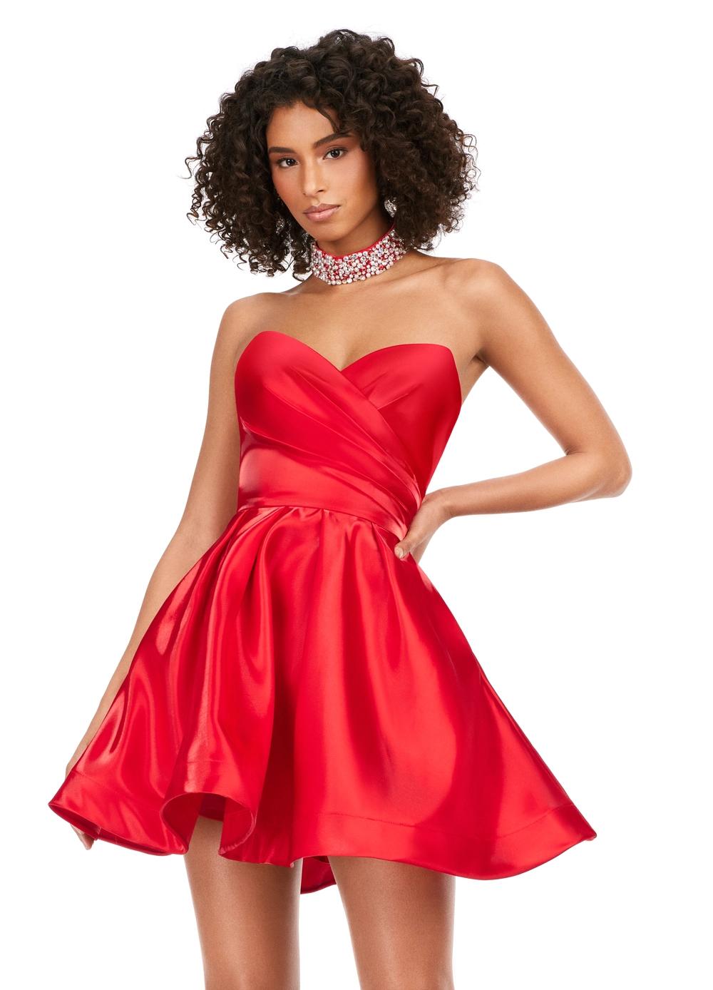 Front - Red ASHLEYlauren 4644 strapless satin cocktail dress featuring a sweetheart neckline, A-line skirt, and a fully beaded choker for an elegant and sophisticated look.