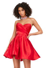 Front - Red ASHLEYlauren 4644 strapless satin cocktail dress featuring a sweetheart neckline, A-line skirt, and a fully beaded choker for an elegant and sophisticated look.