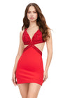 Front - Red ASHLEYlauren 4649 jersey cocktail dress featuring a V-neckline, perfectly placed cutouts, beaded details, lace-up back, and a fitted skirt for a fun and flirty look.