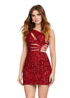 Front - Red ASHLEYlauren 4650 fully sequin cocktail dress featuring a one shoulder neckline, shark bite cut out at the waist with knot details, and a fitted skirt for a bold and glamorous look.
