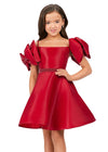 Front - Red ASHLEYlauren Kids 8223 Off Shoulder Phantom Satin Dress with Pearl Belt and Bow Sleeves