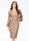 Front - Rose Gold ASHLEYlauren 4496 elegant fully sequin gown featuring a crew neckline, bishop sleeves, fitted tea-length skirt, and full zipper back for a sophisticated and timeless look.
