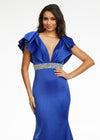 Front - Royal ASHLEYlauren 11130 elegant satin gown featuring a V-neckline, V-back, draped ruffle shoulder detail, intricately beaded waistline, and a sweeping train for a sophisticated and glamorous look.