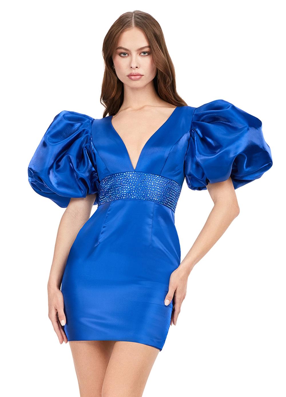 Front - Royal ASHLEYlauren 4549 cocktail dress featuring a V-neckline, oversized puff sleeves, heat set stone-embellished waistband, fitted skirt, and center lace-up back for a bold and glamorous look.