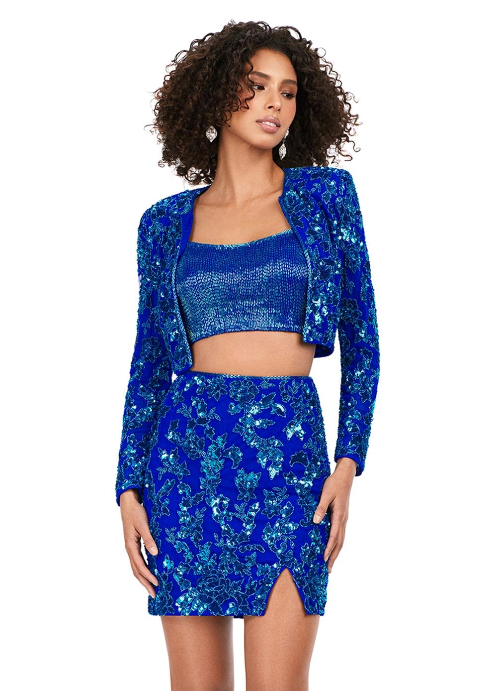 Front - Royal ASHLEYlauren 4618 three piece set featuring a fully liquid beaded crop top, intricately beaded jacket, and a fitted skirt with a slit for a bold and fashionable statement look.