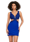 Front - Royal ASHLEYlauren 4649 jersey cocktail dress featuring a V-neckline, perfectly placed cutouts, beaded details, lace-up back, and a fitted skirt for a fun and flirty look.