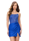 Front - Royal ASHLEYlauren 4686 strapless cocktail dress featuring a corset bustier embellished with press-on stones, a sleek jersey skirt, and a left leg slit for a classic and glamorous look.