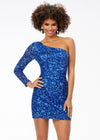 Front -  Royal/Turquoise ASHLEYlauren 4457 fully hand-beaded cocktail dress featuring a one shoulder sleeve and a fitted skirt for a sleek and glamorous silhouette.
