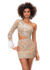 Front - Silver ASHLEYlauren 4565 fully beaded cocktail dress featuring a one sleeve design, modern waist cut-out, and feather accents at the wrist for a bold and glamorous look.