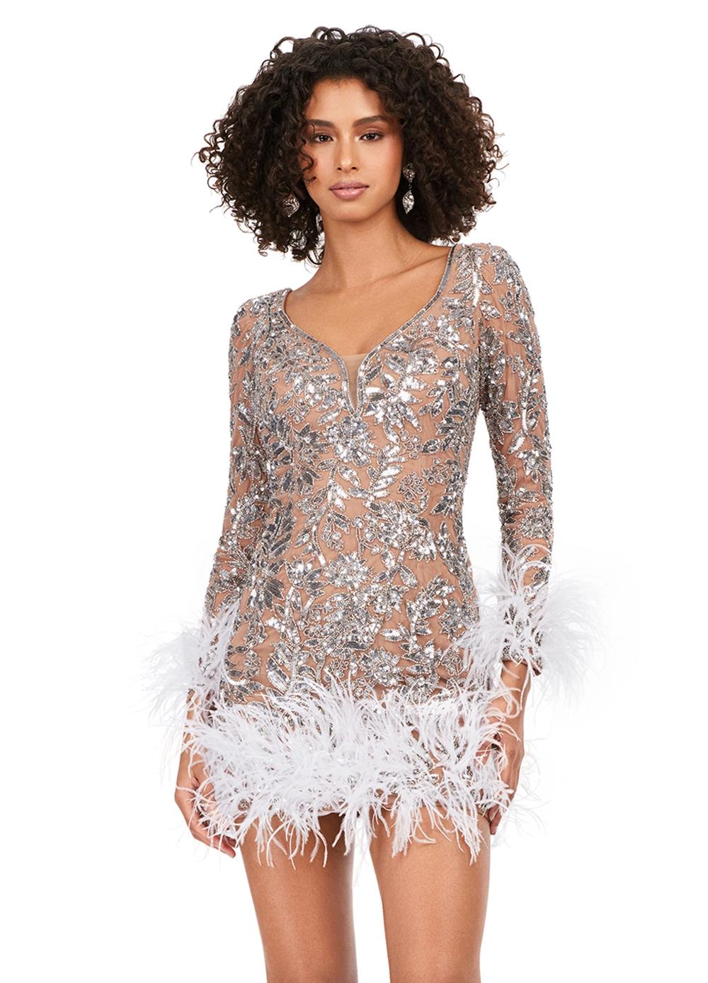 Front - Silver ASHLEYlauren 4616 fully sequin cocktail dress featuring a V-neckline, open back, fitted skirt, and feather details along the skirt and sleeves for a luxurious and dramatic look.