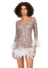 Front - Silver ASHLEYlauren 4616 fully sequin cocktail dress featuring a V-neckline, open back, fitted skirt, and feather details along the skirt and sleeves for a luxurious and dramatic look.