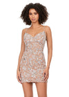 Front - Silver/Nude ASHLEYlauren 4605 fully beaded cocktail dress featuring a sweetheart neckline, delicate spaghetti straps, a floral bead pattern, and a fitted skirt for a romantic and elegant look.