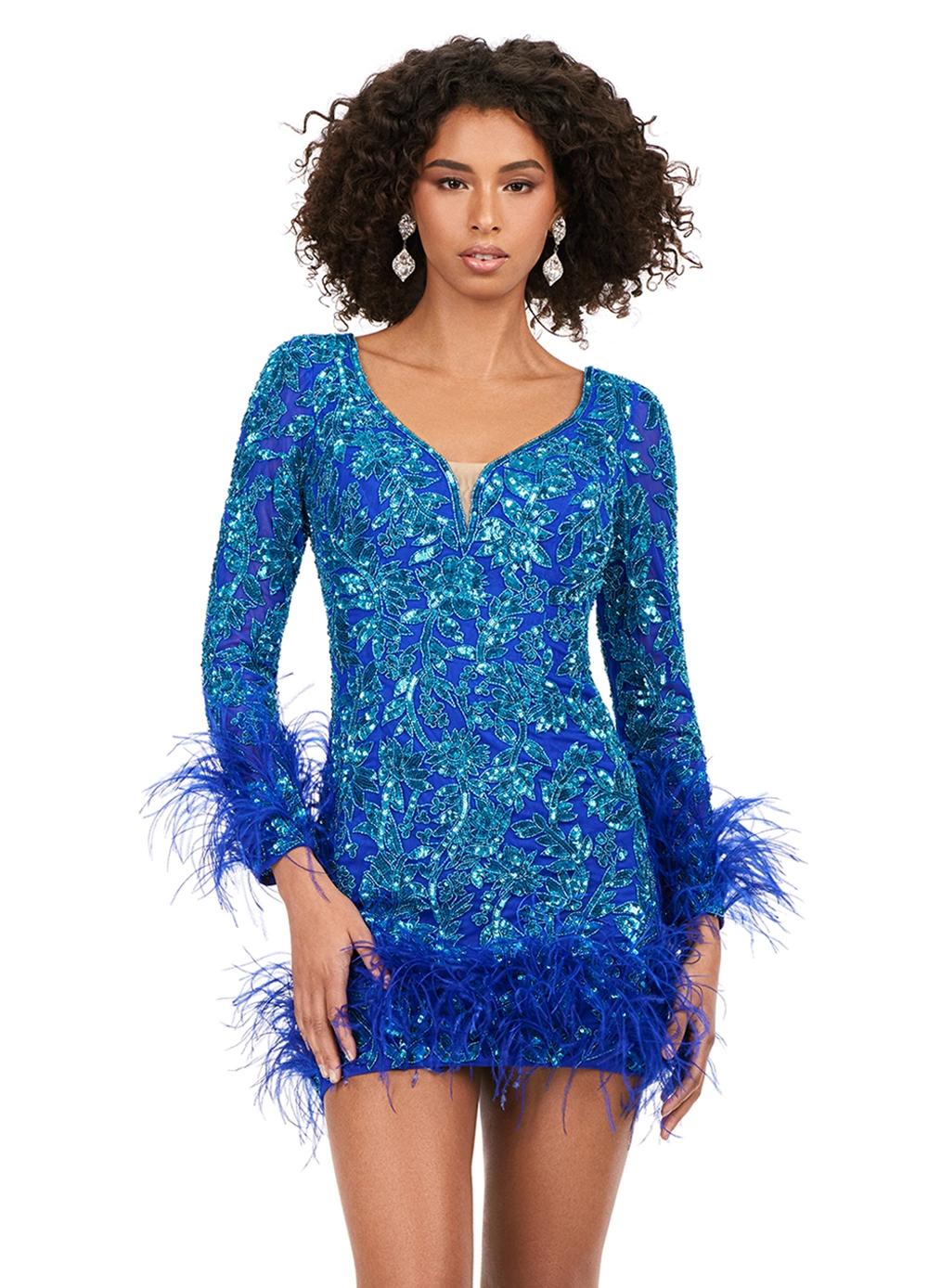 Front - Turquoise/Royal ASHLEYlauren 4616 fully sequin cocktail dress featuring a V-neckline, open back, fitted skirt, and feather details along the skirt and sleeves for a luxurious and dramatic look.